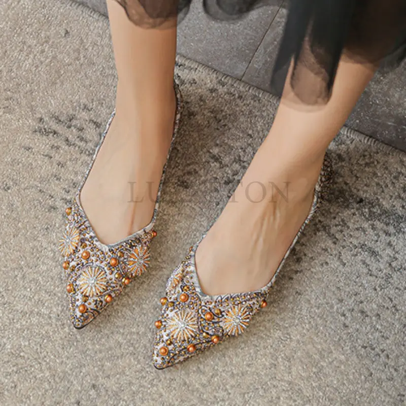 Women Flats for Work Ladies Slip on Low Heel Rhinestone Metal Printing Shallow Tip Fashon Luxury Shoes Big Size 42 43