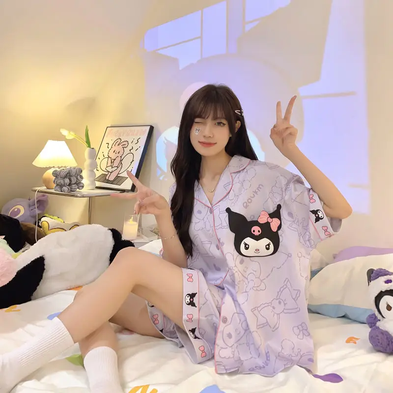 Fashion Sanrio Kuromi Cartoon Summer Ice Silk Pajamas 2023 Summer Student Sweet Thin Homewear Two Piece Set Anime Birthday Gifts