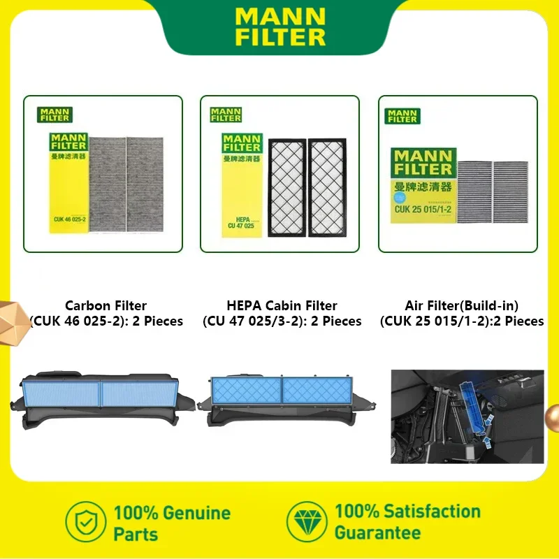 HEPA Carbon Cabin Filter Kit, filtro de ar embutido, apto para Tesla Modelo Y, EV MANNFILTER CUK25015-2 CU47025 3-2