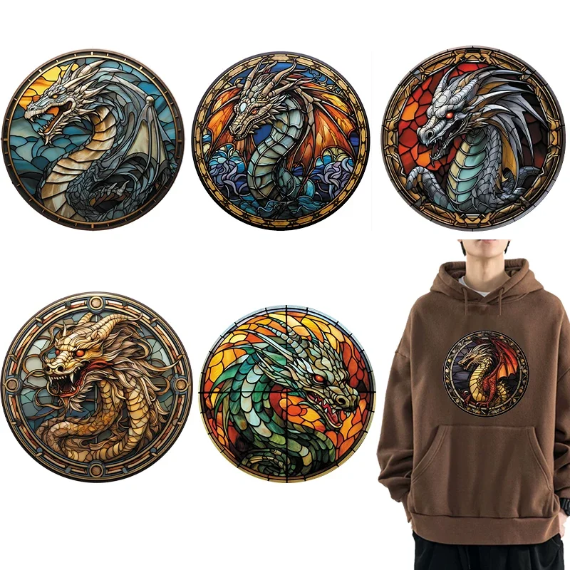 

Iron on Patches Colored circular glass Western dragon Heat Transfer Clothes Thermal transfer stickers Decoration Printing