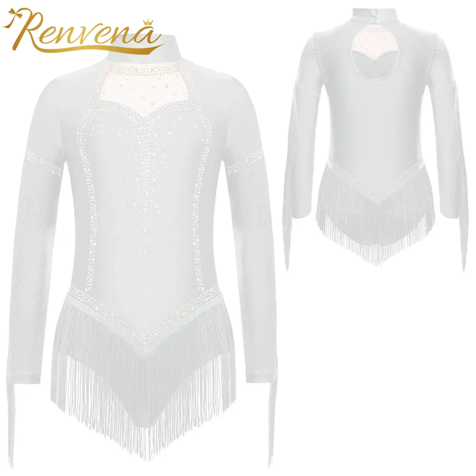 Girls Long Sleeve Fringe Latin Ballet Dance Jumpsuit Rhinestones Tassels Figure Skating Gymnastics Leotard Tango Cha-Cha Costume