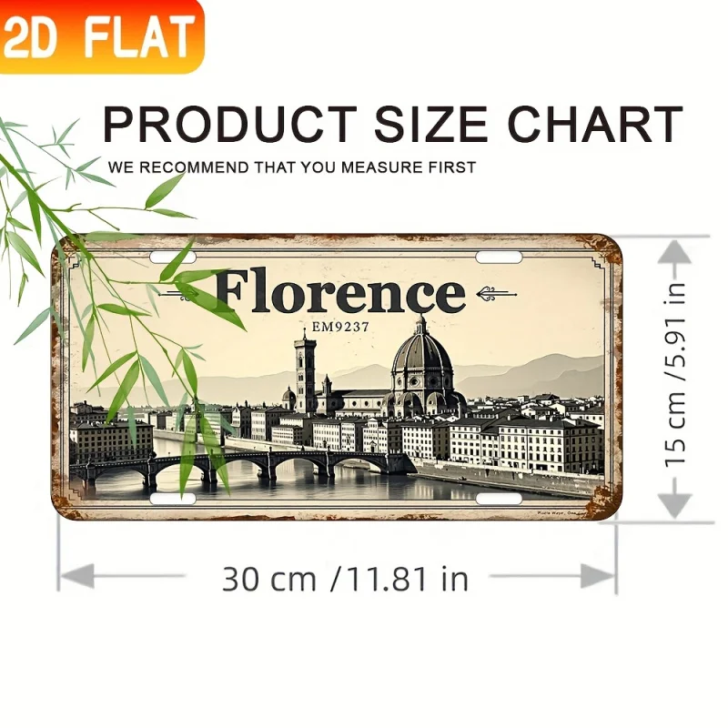 مسطحة ثنائية الأبعاد، قطعة واحدة من لوحة لافتة ديكور الحائط المصنوعة من الألومنيوم العتيق - فن المناظر الطبيعية في فلورنسا إيطاليا، لافتة معدنية على الطراز الصناعي لمقهى البار