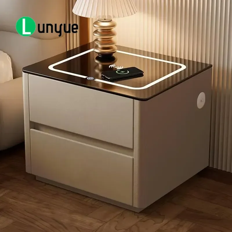 Smart Bedside Table with Fingerprint Lock 2 Drawers Wireless Charging LED Light Modern End Side Table with Speakers