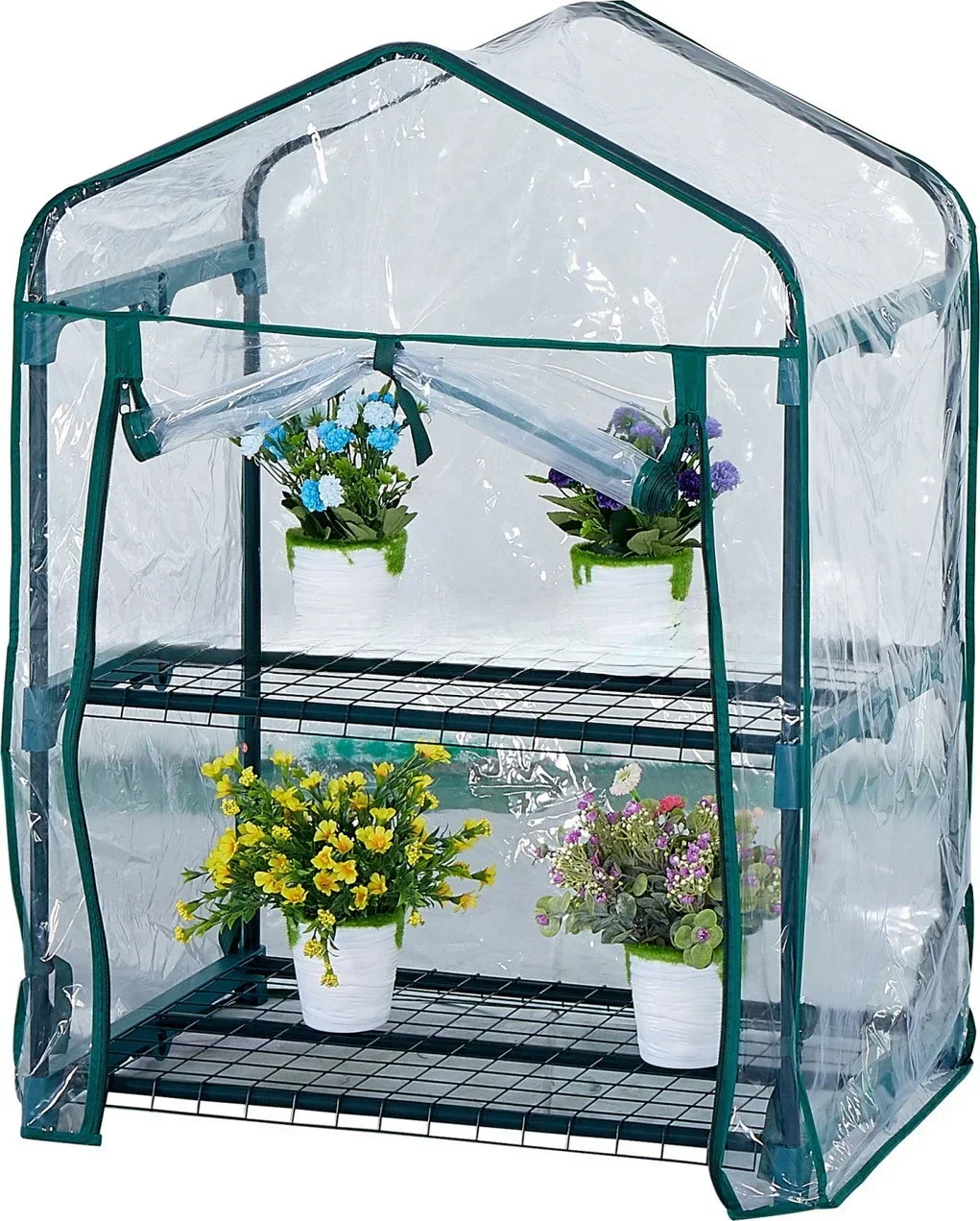 2 Tier Walk-in Greenhouse Replacement Cover Flowers Plants Warm for Outdoor Indoor PVC Greenhouse Cover with Zipper - with Shelf