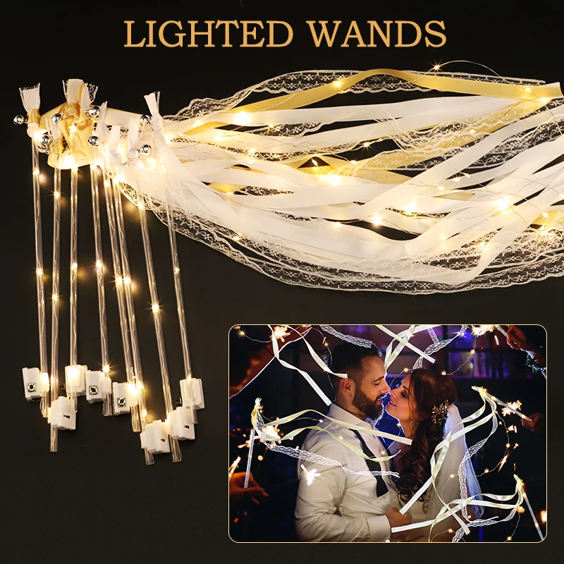 50-150p Różdżki ślubne Wstążkowe serpentyny z dzwoneczkami LED Fairy Light up Silk Fairy Wand Glow in the Dark Migające koronkowe sztyfty Favors