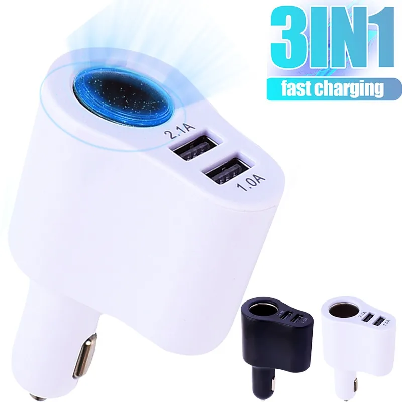 High Quality Car Charger 3 in 1 Dual 12-24V 2 Port Cigarette Lighter Socket USB Multifunctional Car Charger Adapter Accessories