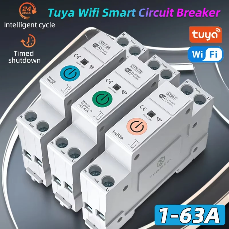 

TUYA WIFI Smart Circuit Breaker Power Metering Energy Meter KWh 1P 63A Smart Life Remote Switch Timer Voltage Current Protect