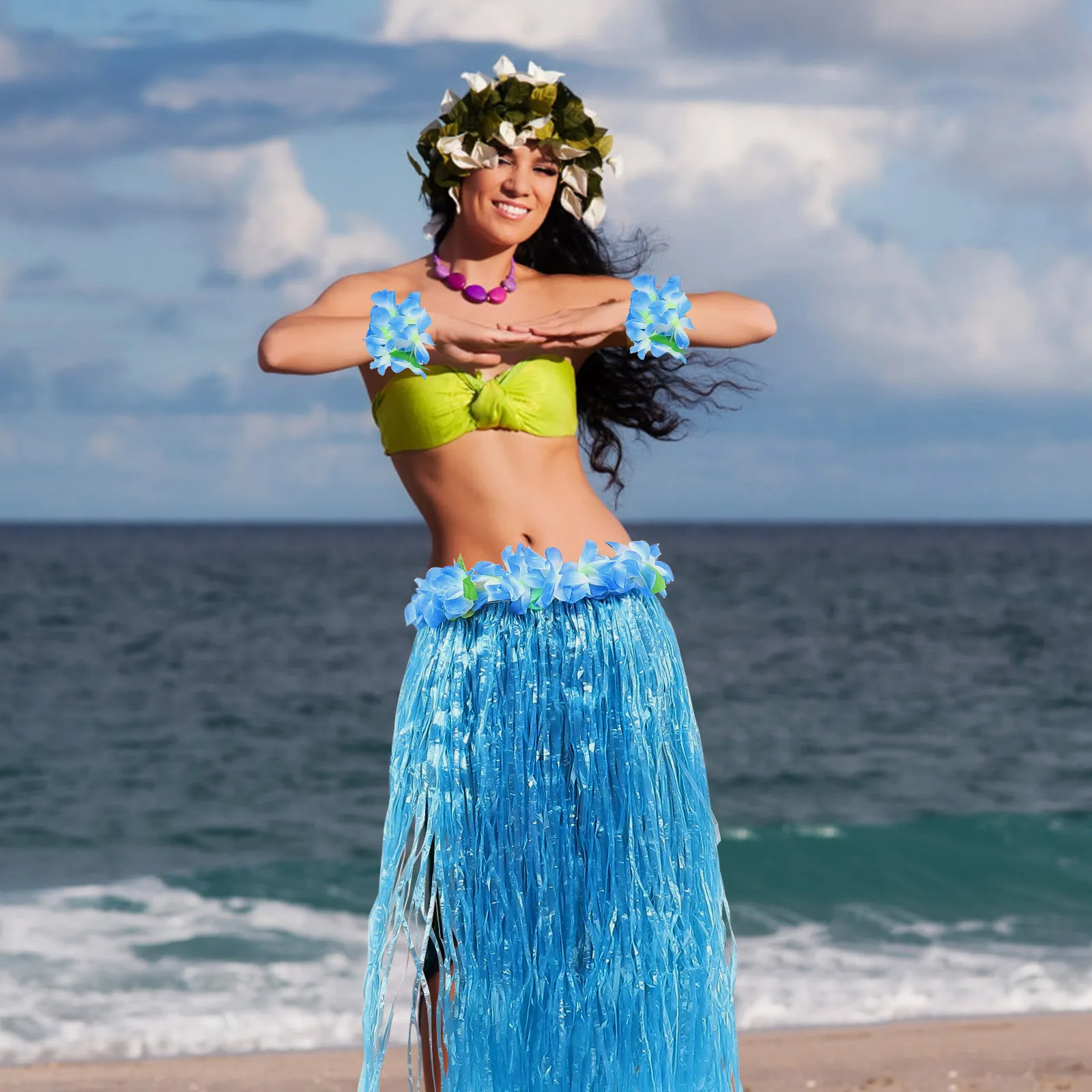 

Набор для вечеринки в стиле луау: женский гавайский костюм с удобной соломенной юбкой и ярким цветочным леи для праздничной тематики