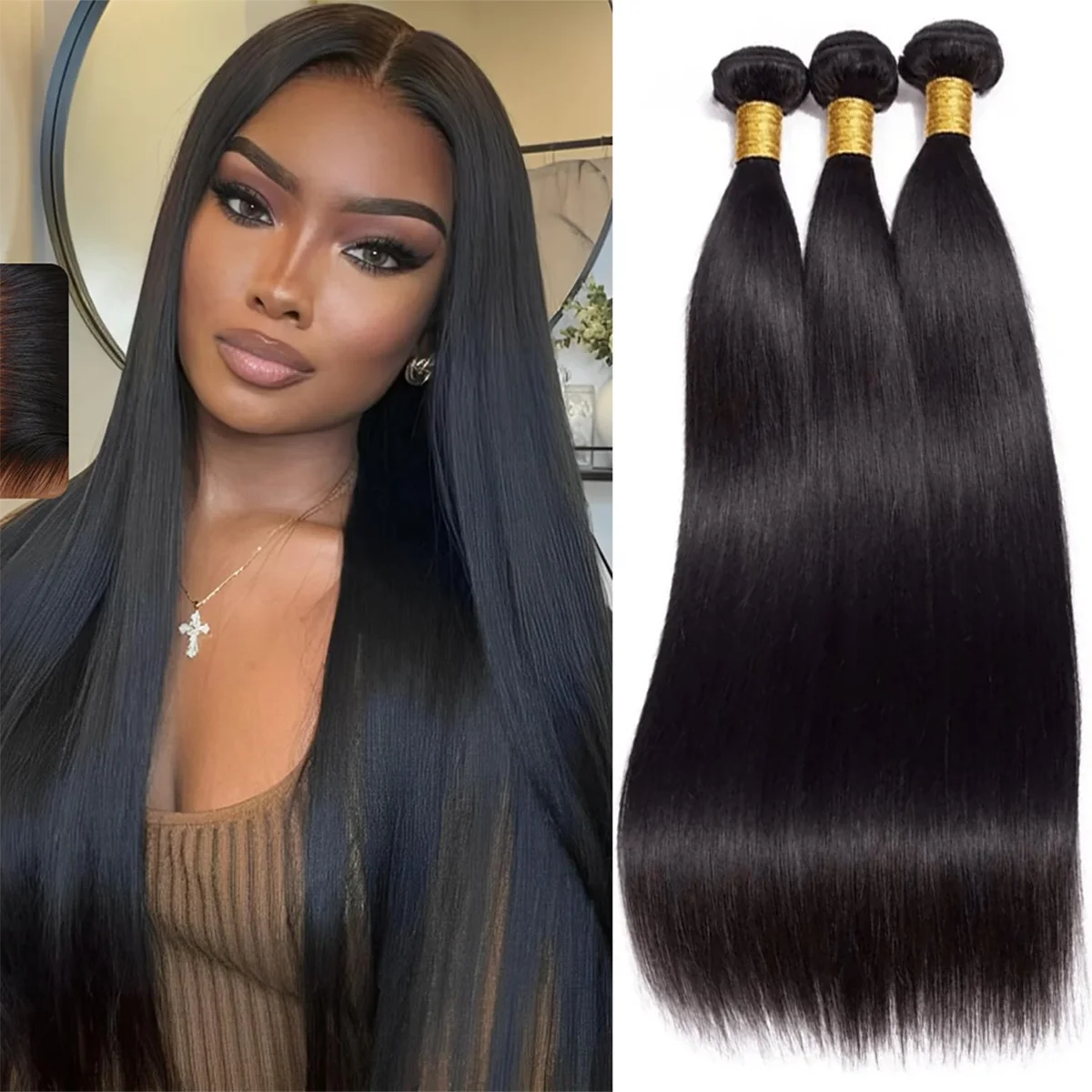 YEORING Store 10-40 بوصة حزم من شعر طبيعي مفرود 10A حزم الشعر الخام البرازيلي 100% وصلات شعر بشري اللون الطبيعي
