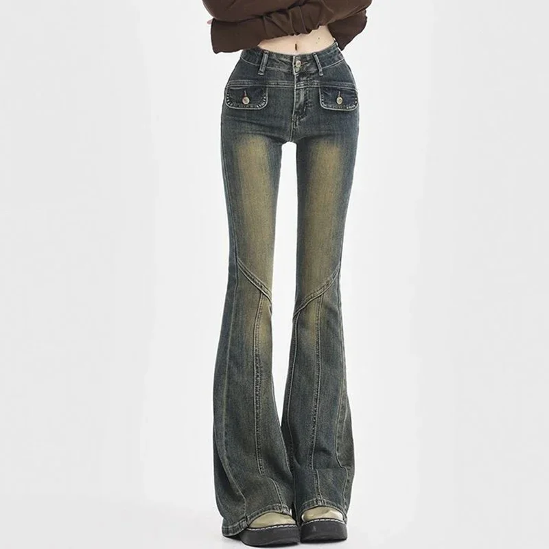 Woman High Waist Elastic Spliced Wide Leg Jeans Female Vintage Slim Fit Flare Pants Lady Blue Black Grey Denim Trousers Big Size