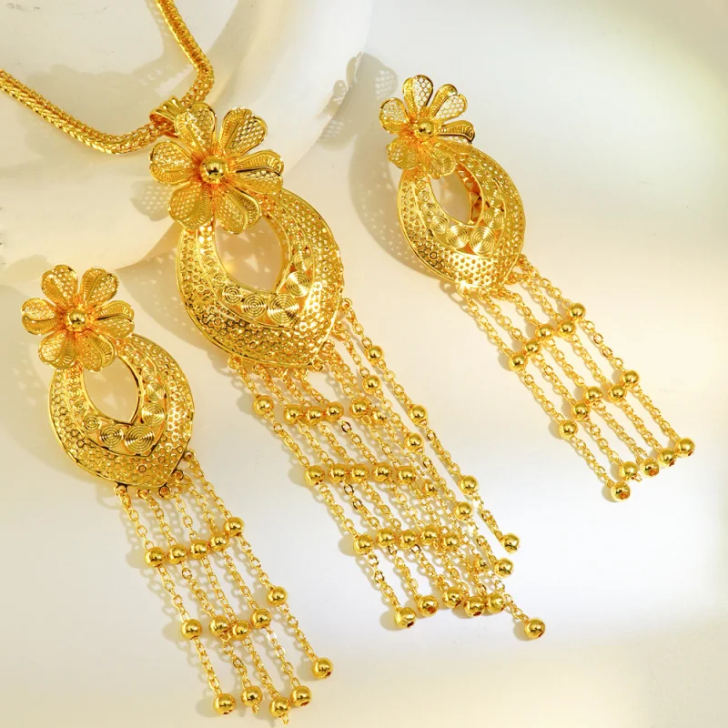 

Middle Eastern Copper Plated24KGold Flower Earrings Necklace Pendant Set Dubai Women Bridal Wedding Accessories