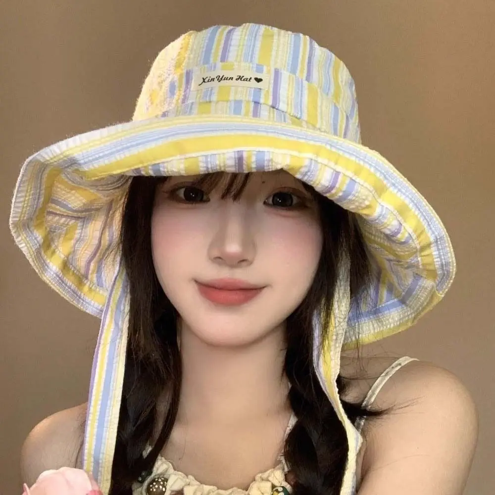 

Lace-up Korean Striped Bucket Hat Lightweight Breathable Wide-edged Sun Hat Contrasting Color UV Protection