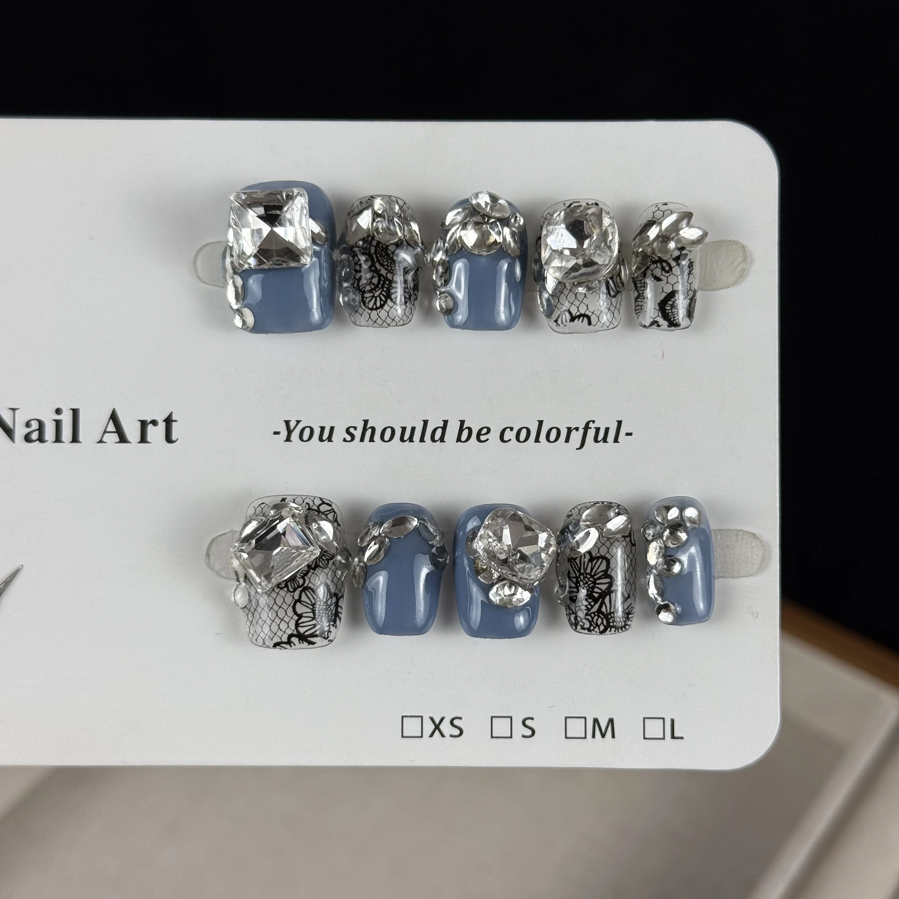 10pcs high-end Luxurious retro style, hand-painted net-like flower pattern, dazzling rhinestones handmade fake nails