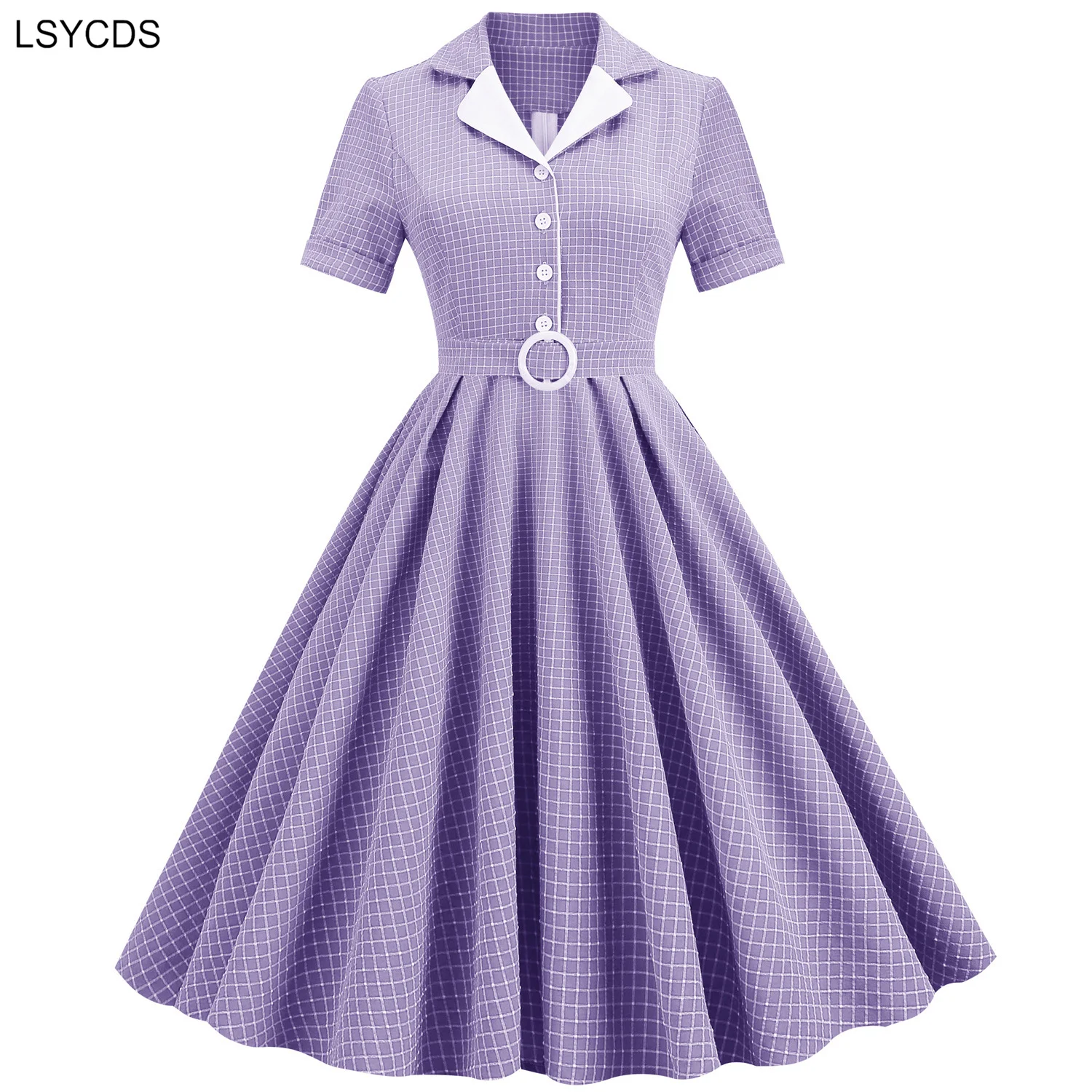 LSYCDS Women Notched Collar Buttons Belted Vintage Plaid Midi Dresses Elegant Short Sleeve 50s Robe Turquoise Swing Party Dress