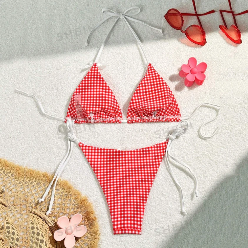 Red Plaid String Halter Micro Bikini for Women Thong Mini Swimwear Lace-up Sexy Swimsuit Bathing Suit Triangle Bikinis Sets 2024