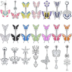 ZS 1PC 14G Butterfly Design Pendant Belly Button Ring For Women Stainless Steel Navel Piercings Crystal Silver Color Belly Ring
