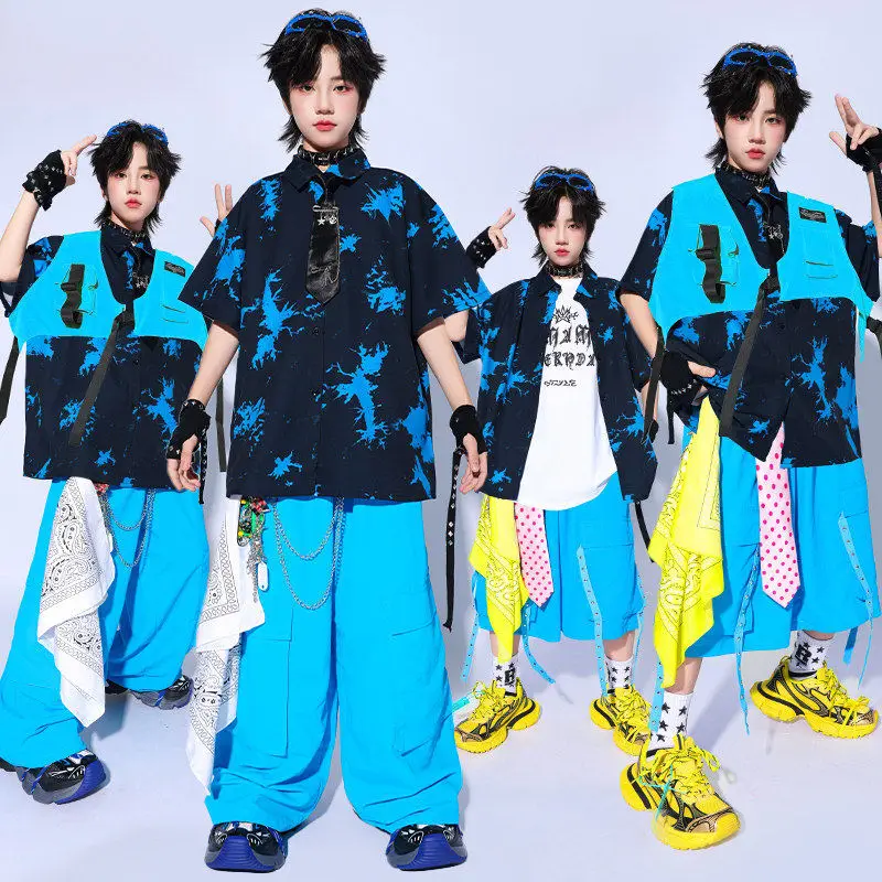 Hip Hop Boys Print Shirt Blue Pants Street Dance Short Sleeve Top Streetwear Jazz Clothes Sets Group Fashion Stage Wear Costume