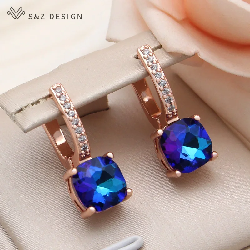 

S&Z DESIGN New Trendy Square Crystal Dangle Earrings For Women Elegant 585 Rose Gold Color Cubic Zirconia Eardrop Stylish Gift