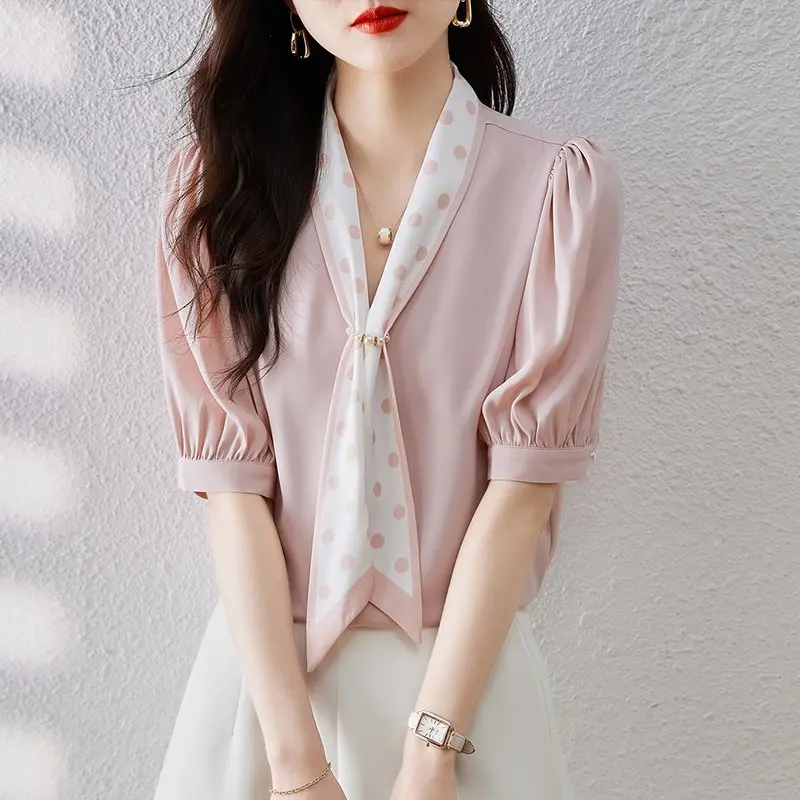 Short Sleeved Blouse Chiffon Women's Shirts Summer New Print Bow Collar Satin Ladies Tops Korean Fashion Luxury Women's Clothing