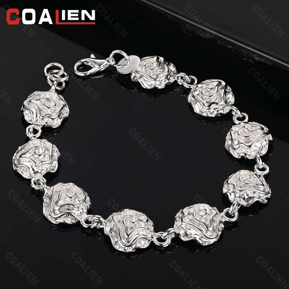 

COALIEN 925 Sterling Silver Rose Flower Chain Bracelet Charm Fashion Personality Woman Wedding Party Gift Jewelry