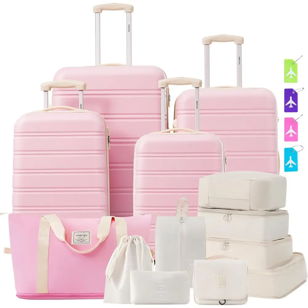 

13-Piece Luggage Set with TSA Lock, Expandable Spinner Suitcases in Light Pink, Sizes 16, 20, 24, 28