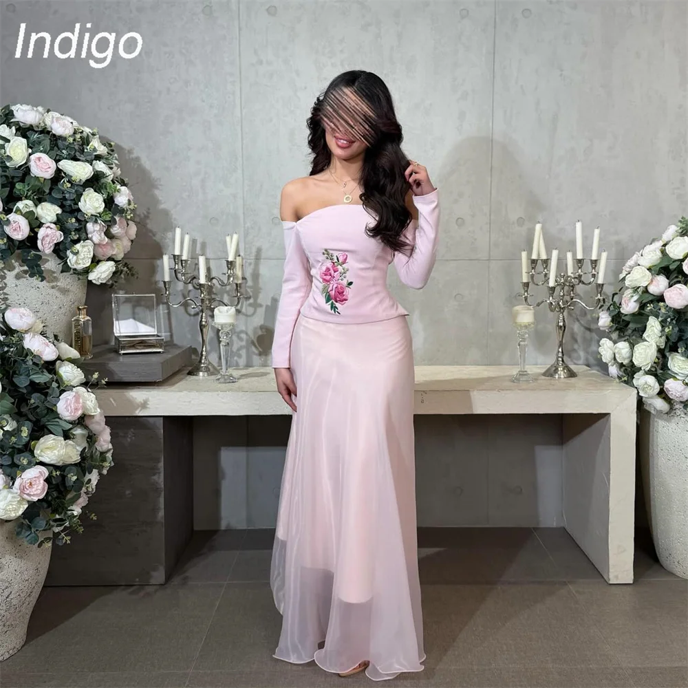 

Indigo Pink Lace Mermaid Prom Dress 2025 Long Sleeve Off The Shoulder Applique Formal Party Prom Gown فساتين السهرة Customized