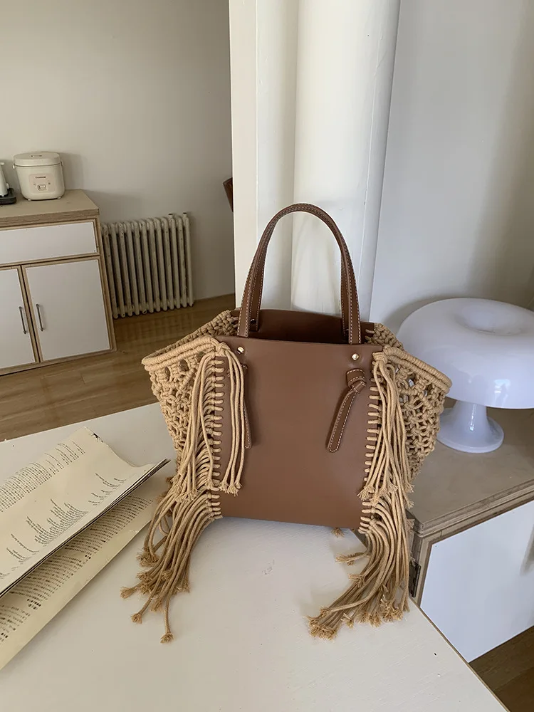 Retro Cotton Rope Tassel Bag Hollow Weaving Bag Holiday Tote Bag Large Capacity  Leisure Handbag Casual Splicing Design