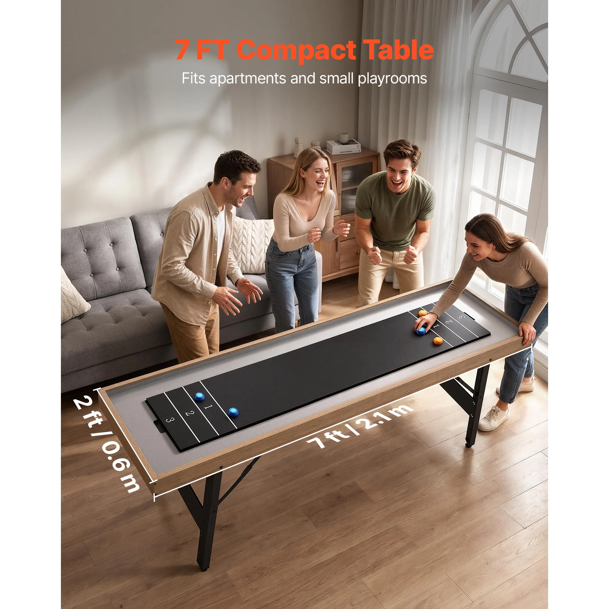 7 ft Shuffleboard Table, 2 in 1 Shuffleboard and Tabletop Curling Combo Game, 8 Pucks, Compact Shuffle Board with Smooth Surface, Folding Legs, Easy to Disassemble and Move