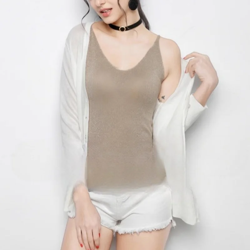 Spring/Summer Shimmering Knit Camisole, Soft and Comfortable, Sexy V-Neck Thin Straps Base Layer Top for Women