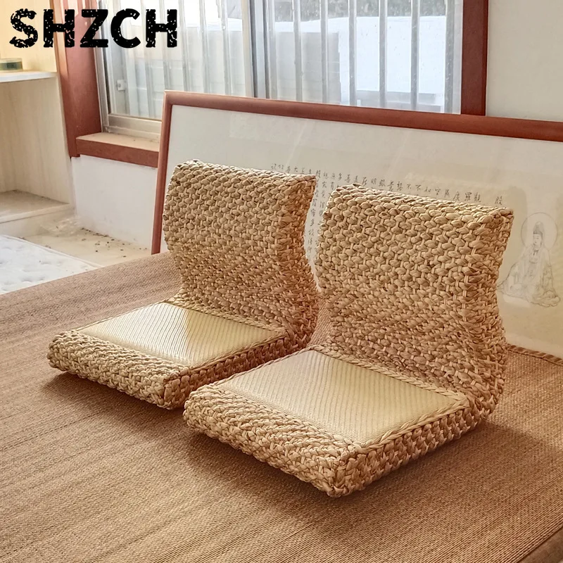 Handmade Straw & Rattan Living Room Chairs Japanese Floor Legless Chair Tatami Backrest Chair for Balcony Natural Home Furniture