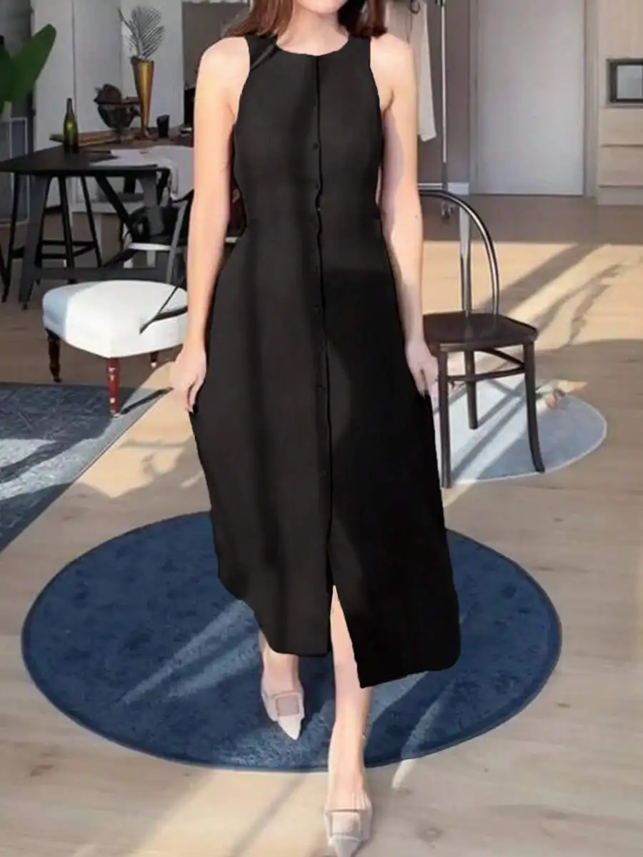

Women Sleeveless Solid Color Midi Dress Summer Elegant Casual