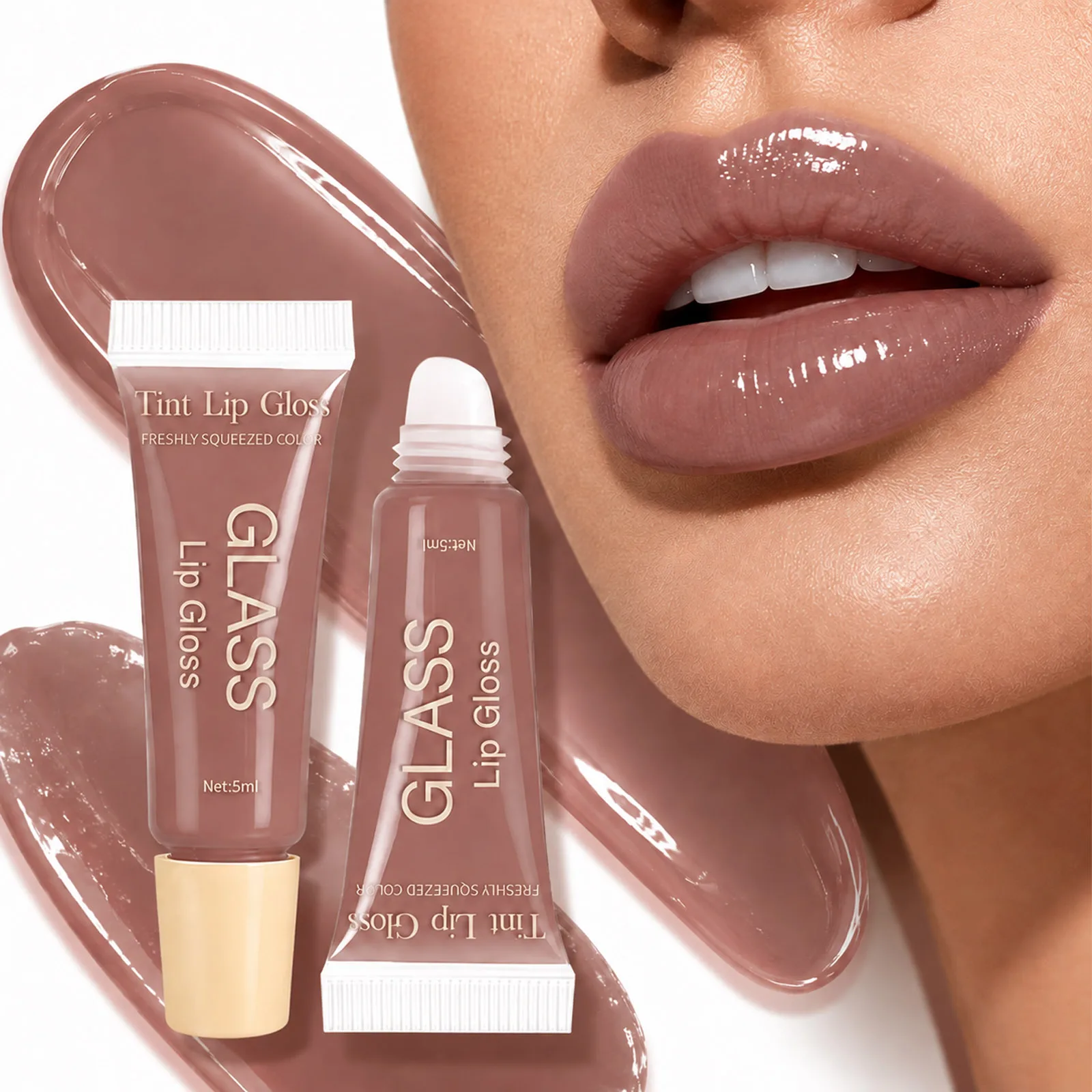 JUJU DREAM Glass Tint Lip Gloss Nude Brown Hydrating Plumping Glossy Shine Long Lasting Waterproof Squeeze Lip Oil Makeup