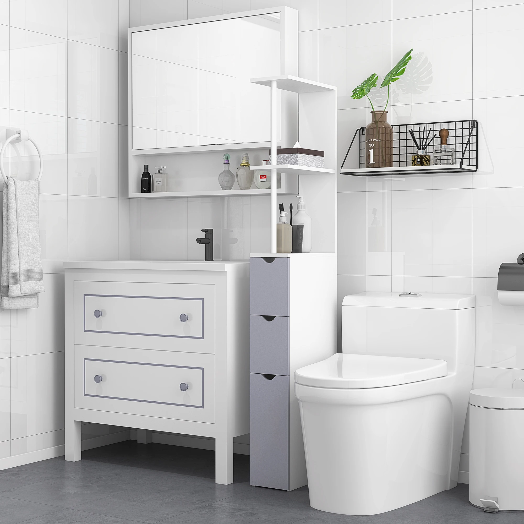 

White Tall Narrow Bathroom Storage Cabinet 53.75 Inch with 2 Drawers Open Shelves Linen Tower for Small Space Home in stock