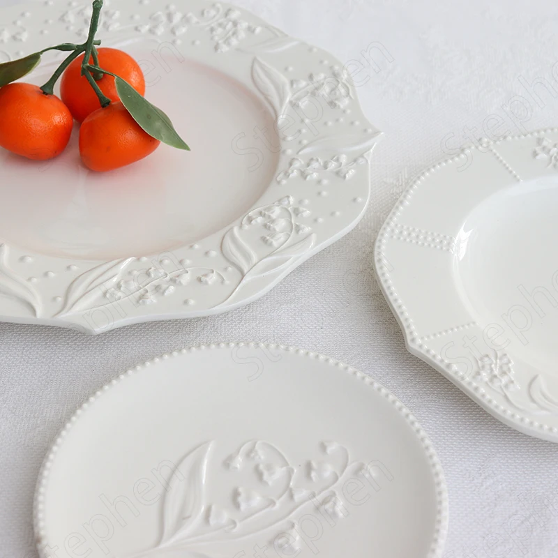 American Embossed Ceramic Plate European Modern Lily of The Valley Flower Relief Lace Dinner Plates Cake Dessert Dish Tableware