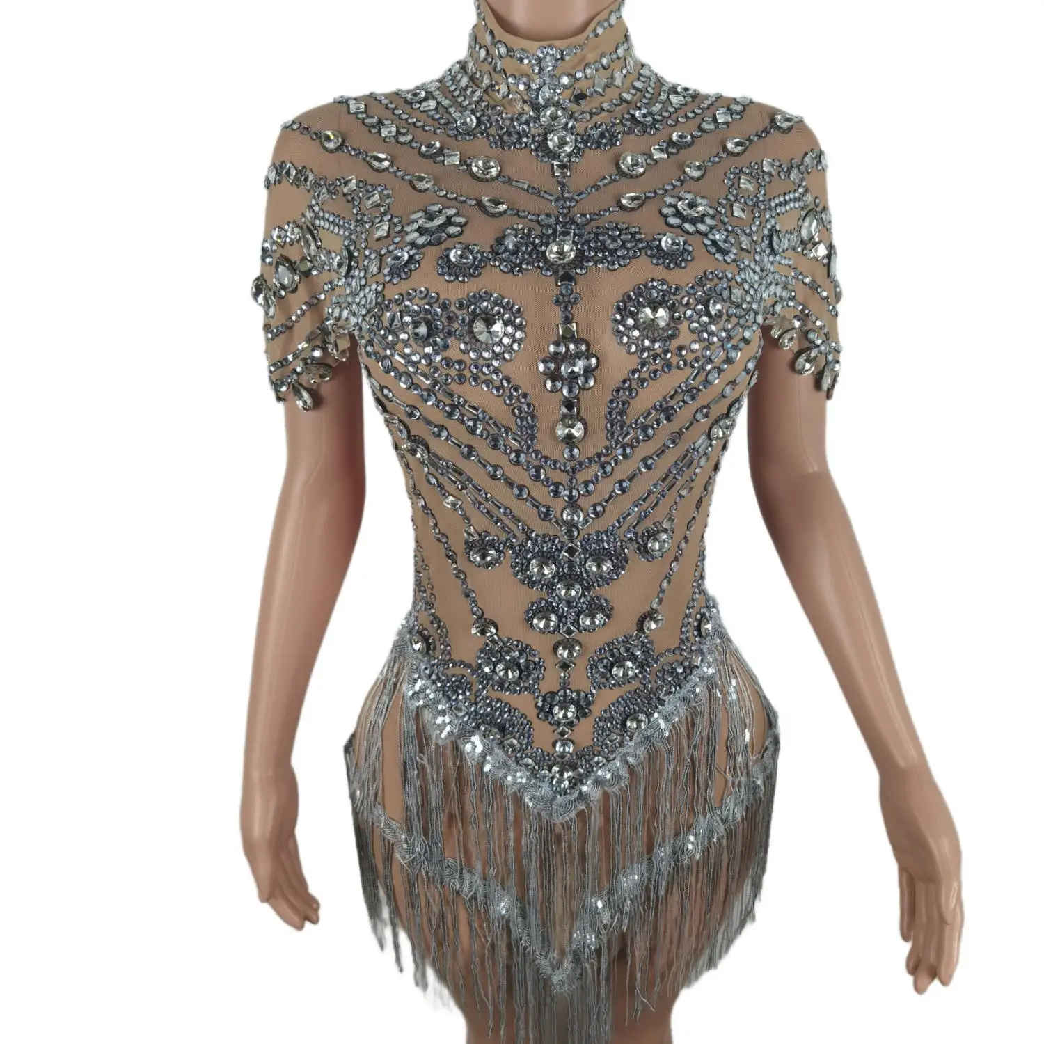 Vrouwen Nachtclub Prachtige Outfit Jurken Shining Strass Kwastje Dans Jurk Mesh Crystal Zanger Danser Stadium Kostuums Cuimian