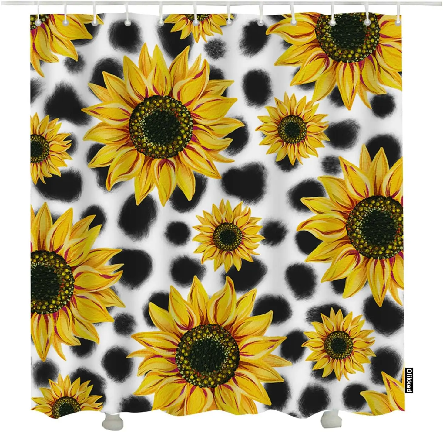 ファームハウスひまわり牛柄シャワーカーテンセット、防水ポリエステル生地、フック付き