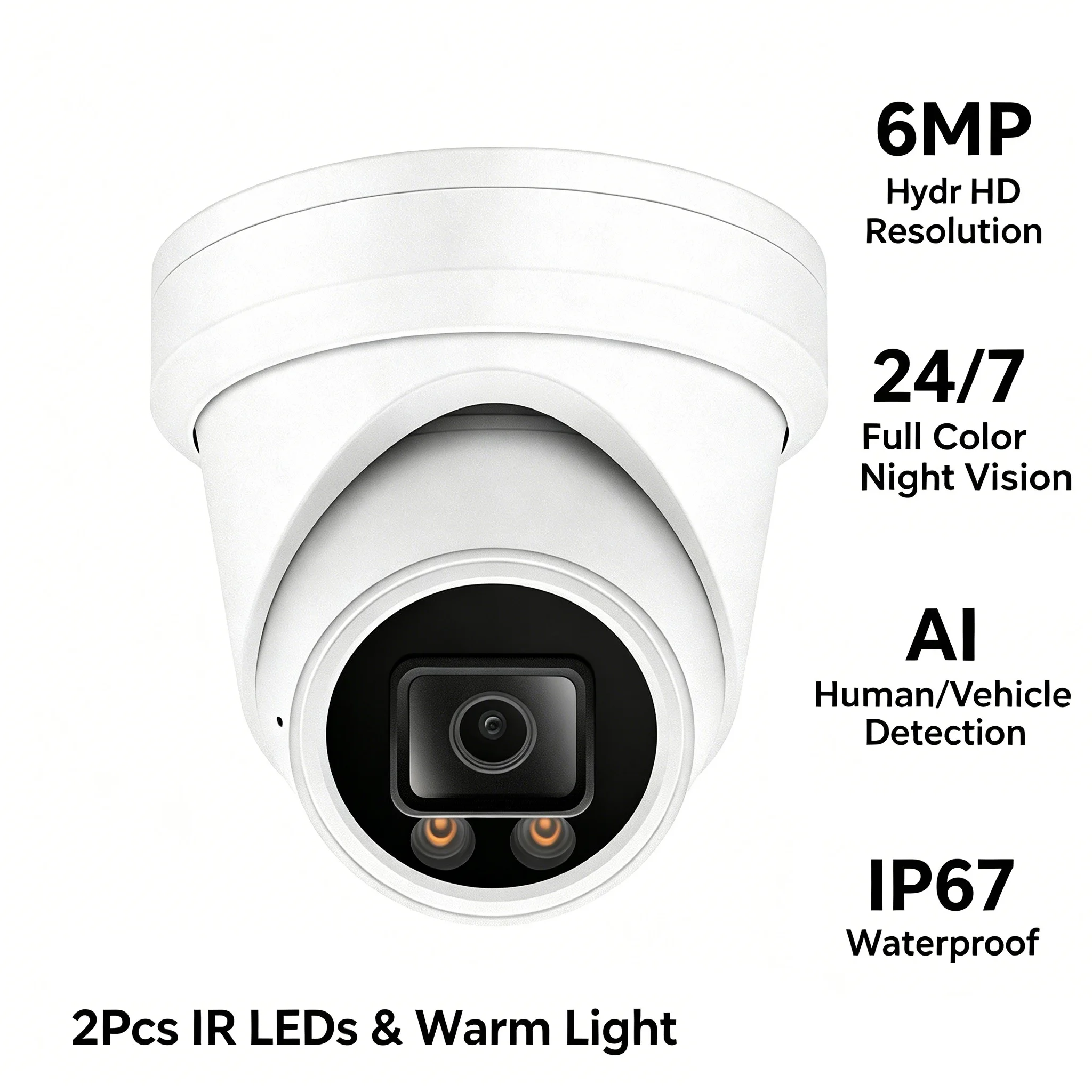 6MP Dome Camera 2.8mm F1.6 Lens IMX335 CMOS 24/7 Dual Light AI Face Human Vehicle Detection IP67 Waterproof PoE Surveillanc