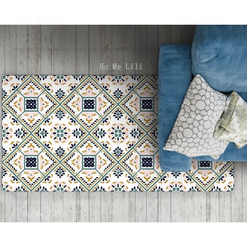 Talavera Patrón Azulejos Adorno Azulejos Azulejos de Porcelana Alfombra Beige Piso de Vinilo Piso Azul Alfombra Decorativa cómoda
