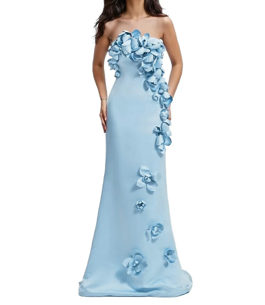 

Welove Sky Blue Strapless Evening Dresses with 3D Flowers Floor Length Mermaid Formal Occasions Dress Couture New 2024