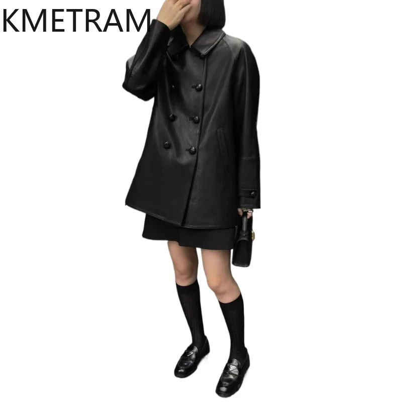 KMETRAM Real Oil-Waxed Sheepskin Leather Jacket Woman Mid-Length Trench Coat Autumn Blazer Jackets Women Clothing 2026 jaqueta