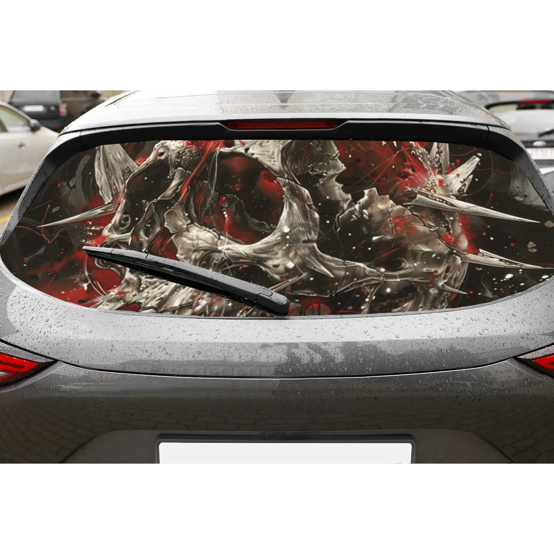 

Темный механический череп, перфорированные автомобильные виниловые обертывания из ПВХ, улучшающий конфиденциальность дизайн для заднего окна, наклейка на заднее лобовое стекло автомобиля для