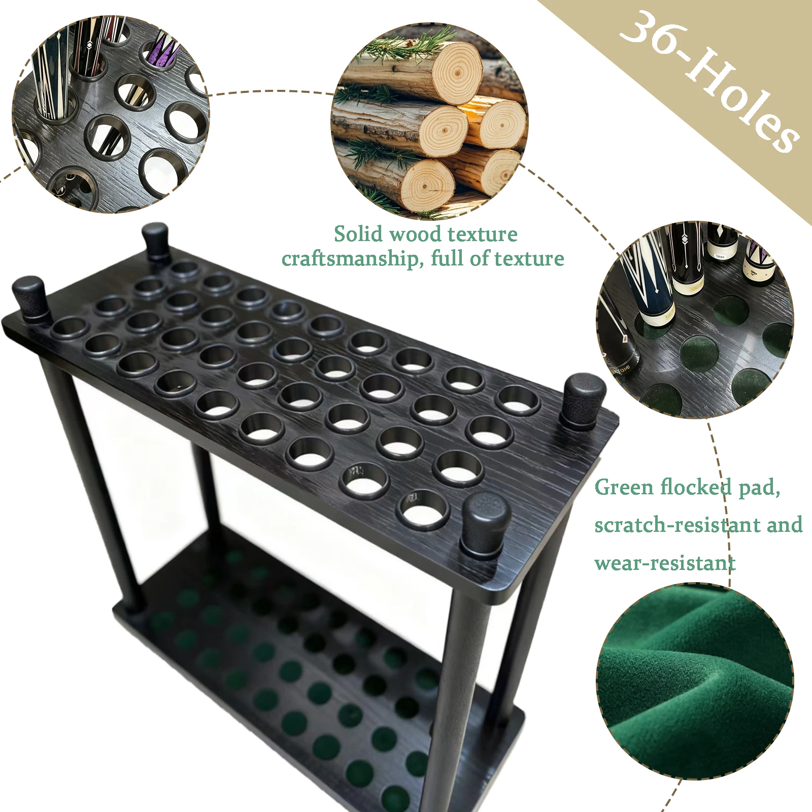 원목 36홀 당구 큐 랙, 각 구멍당 하나씩 큐 보관 랙