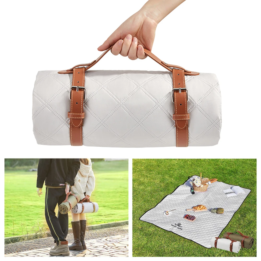 Portable Extra Large Picnic Mat 79”x 79” Outdoor Outing Waterproof Beach Blanket Leather Tote Strap For Camping Park Grass Indoo