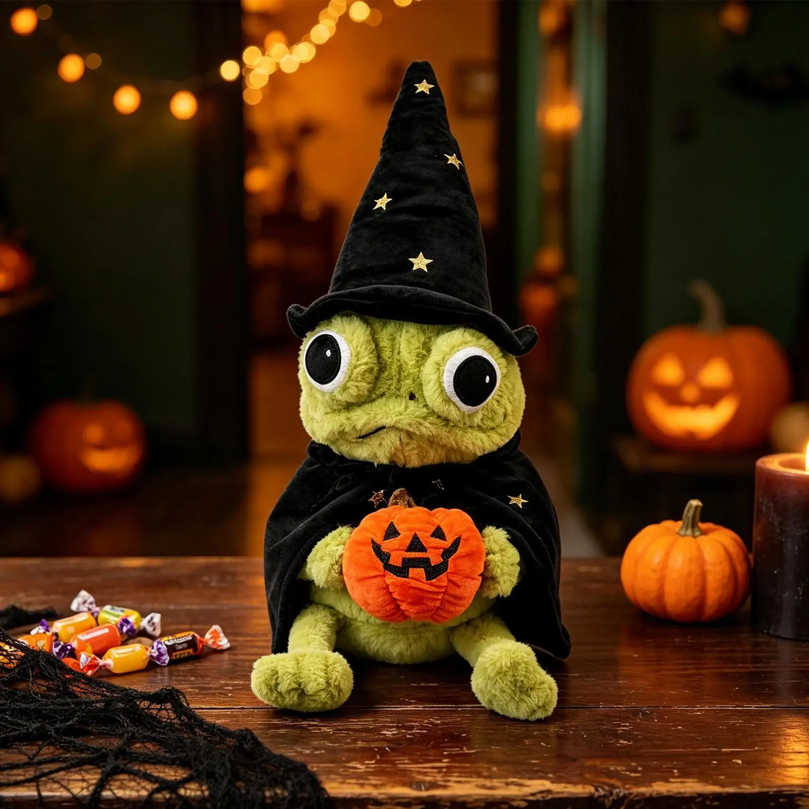 Halloween Witch Frog Plush Doll Cute Cartoon Green Frog Plushie Soft Stuffed Animal Toy Kawaii Desk Decor Collectible Gift