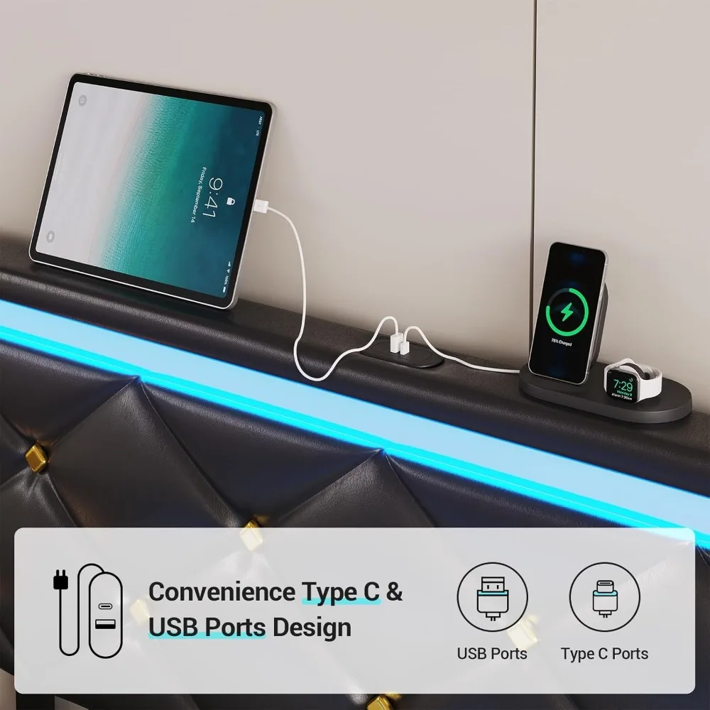 Cadre de lit King Size flottant avec lumières LED et ports USB, plateforme en similicuir, facile à assembler, planche de sauna