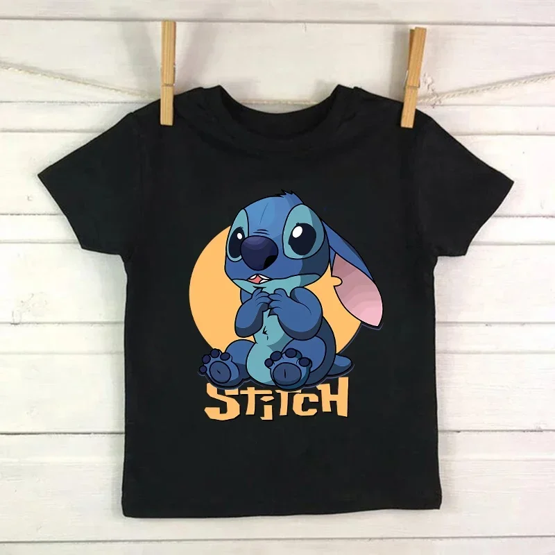 Camiseta infantil fofa de desenho animado, costura, camiseta infantil can o stitch, camiseta com padrão de anime, tops para meninas e meninos 2024 novo