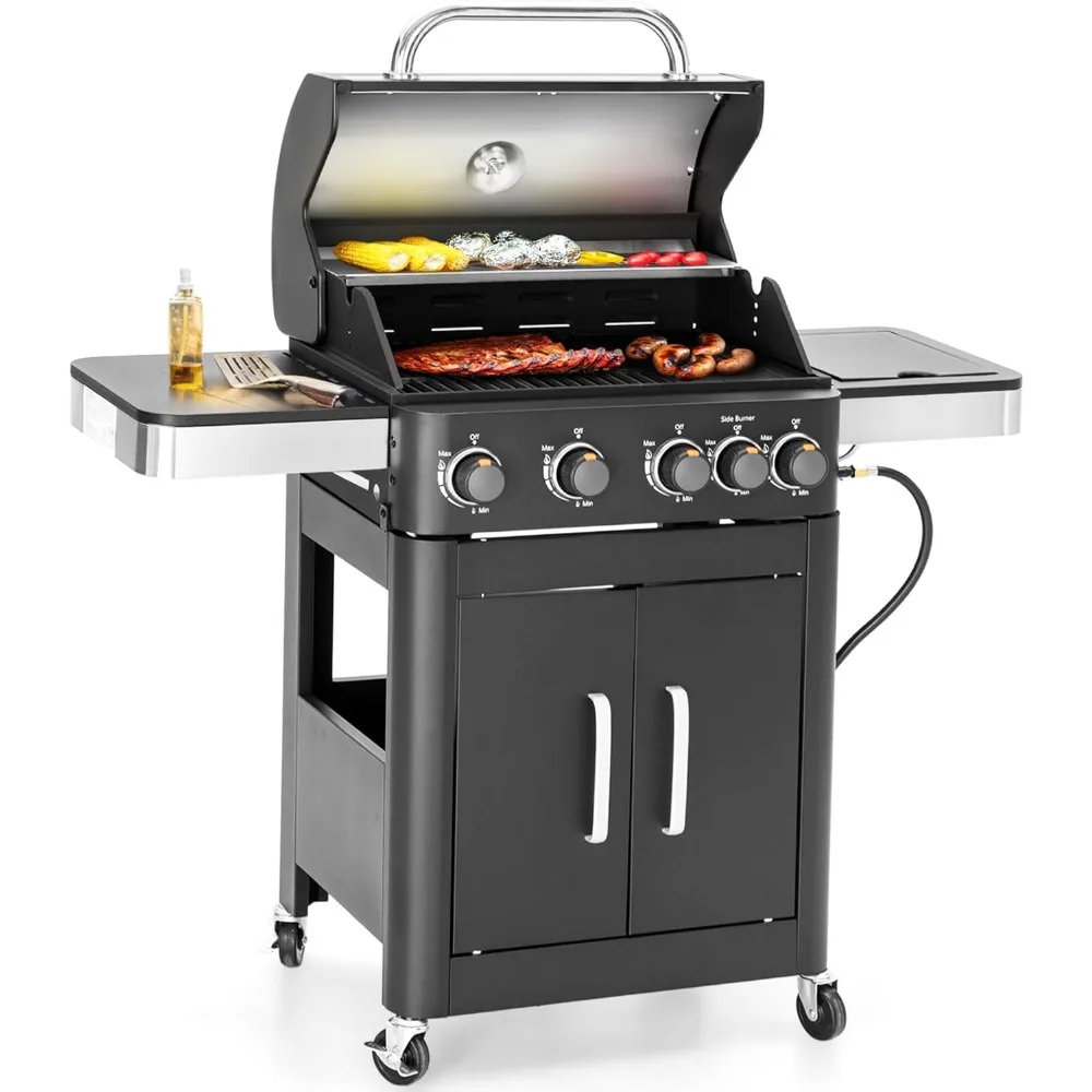 

4-Burner Gas BBQ Grill with Side Burner & Porcelain-Enameled Cast Iron Grates, Outdoor Cooking Propane Grills