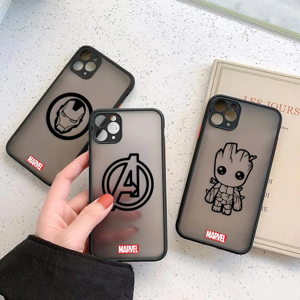 Marvel Avengers Logo Matte Coque Case For iPhone 15 14 13 12 11 Pro Max Mini 7 8 15 Fundas Shockproof Clear Cover Iron man Groot