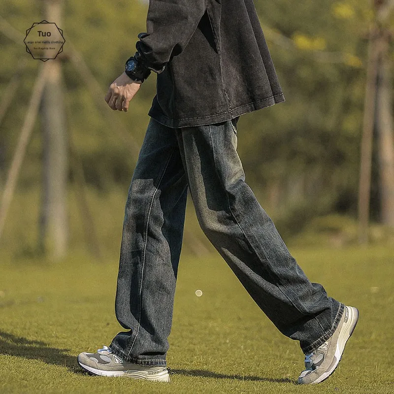 

Retro American Denim Jeans Men's Spring Autumn Washed Loose Wide Leg Floor-Length Straight Tube Long Trousers Trendy Brand