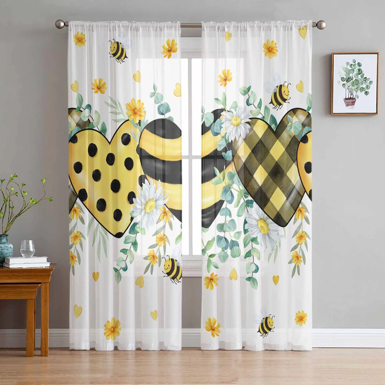 Watercolor Bees Eucalyptus Leaves Daisy Flowers Window Tulle Curtains for Living Room Hotel Luxury Decoration Sheer Curtains